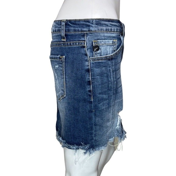 KanCan Skirt Juniors 3 25" Blue Denim Pencil Straight Mini Skirt Distress Casual - Picture 2 of 7